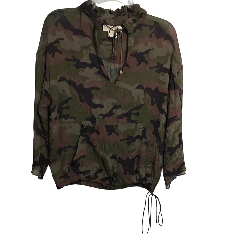 4994)Michael Kors Camouflage Silk Georgette semi Sheer Pullover Hooded Blouse M - Picture 2 of 11